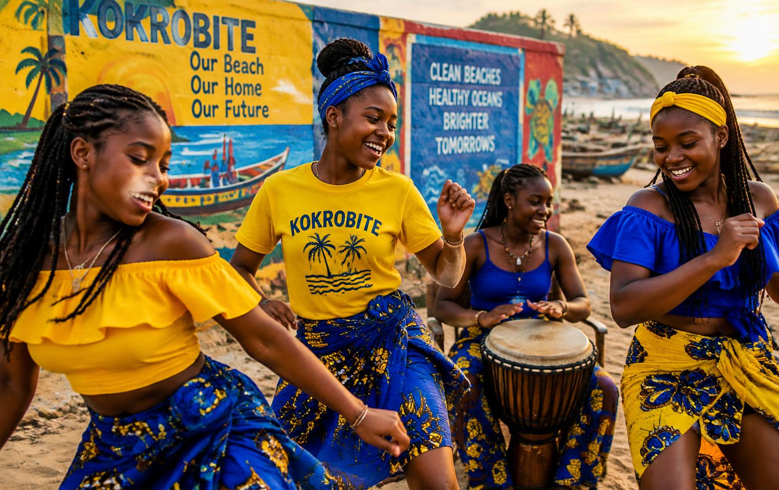 Ghanaian teens dancing and drumming on Kokrobite beach